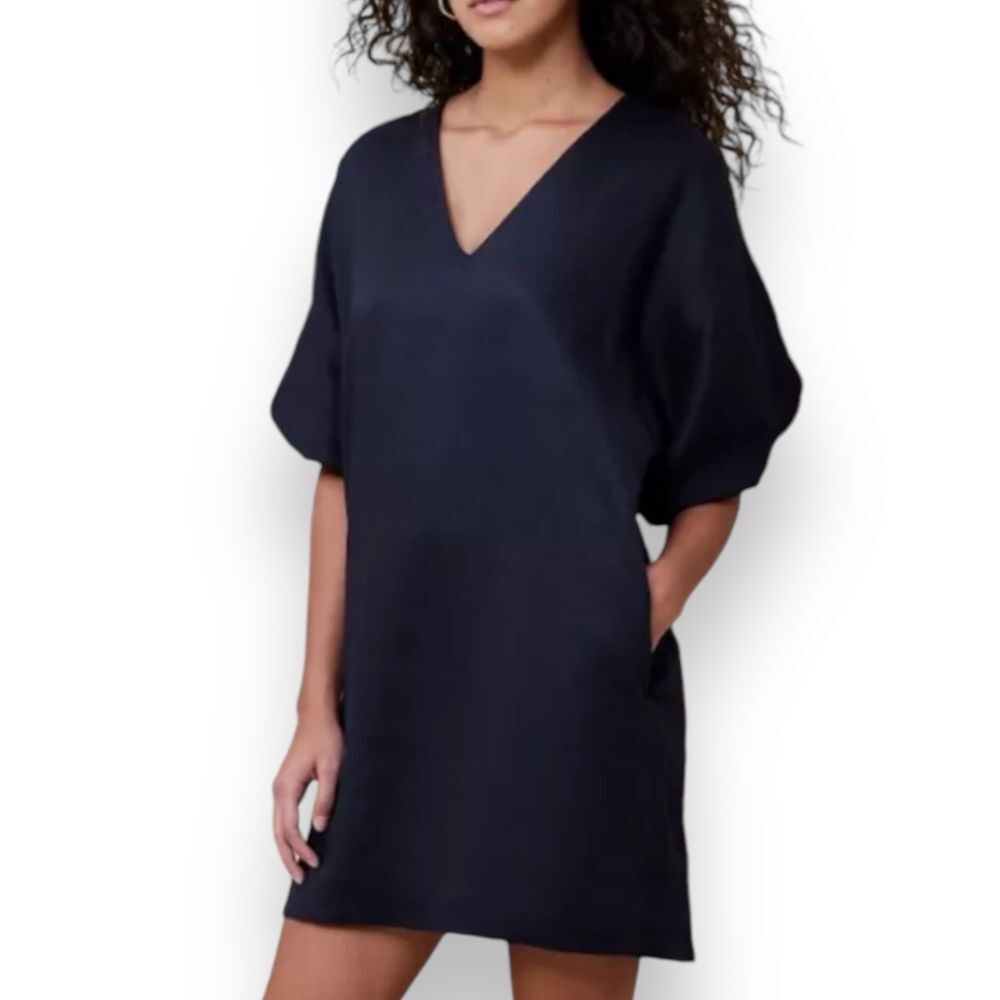 Banana Republic Dress Livia Linen Navy Bubble Sleeve Mini NWT XL Coastal Pockets